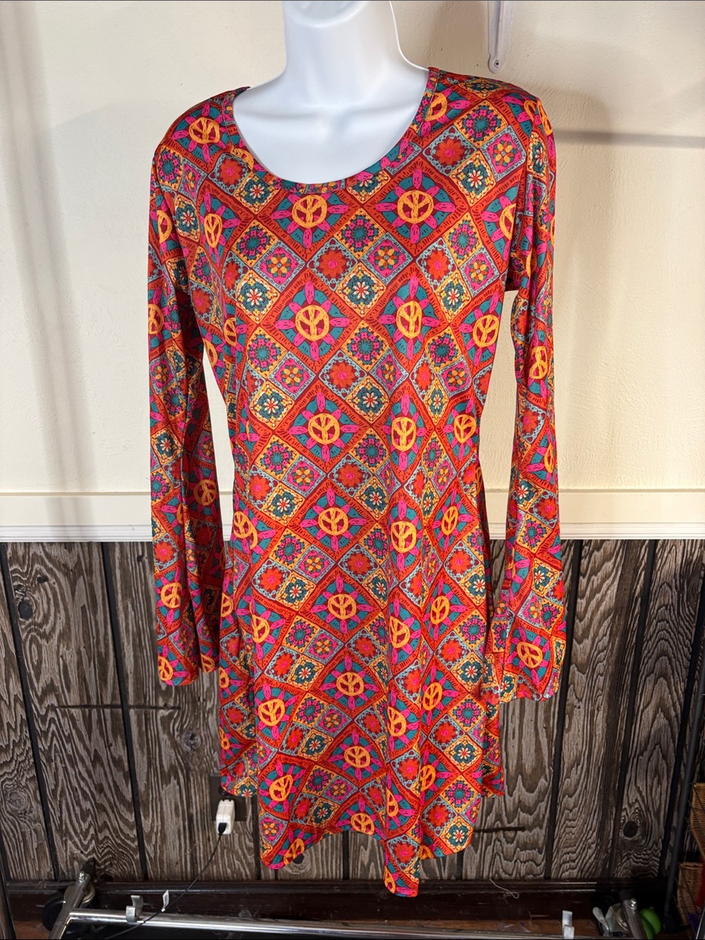 Spirit Pink Orange Multicolor Geometric Long-Sleeve Dress